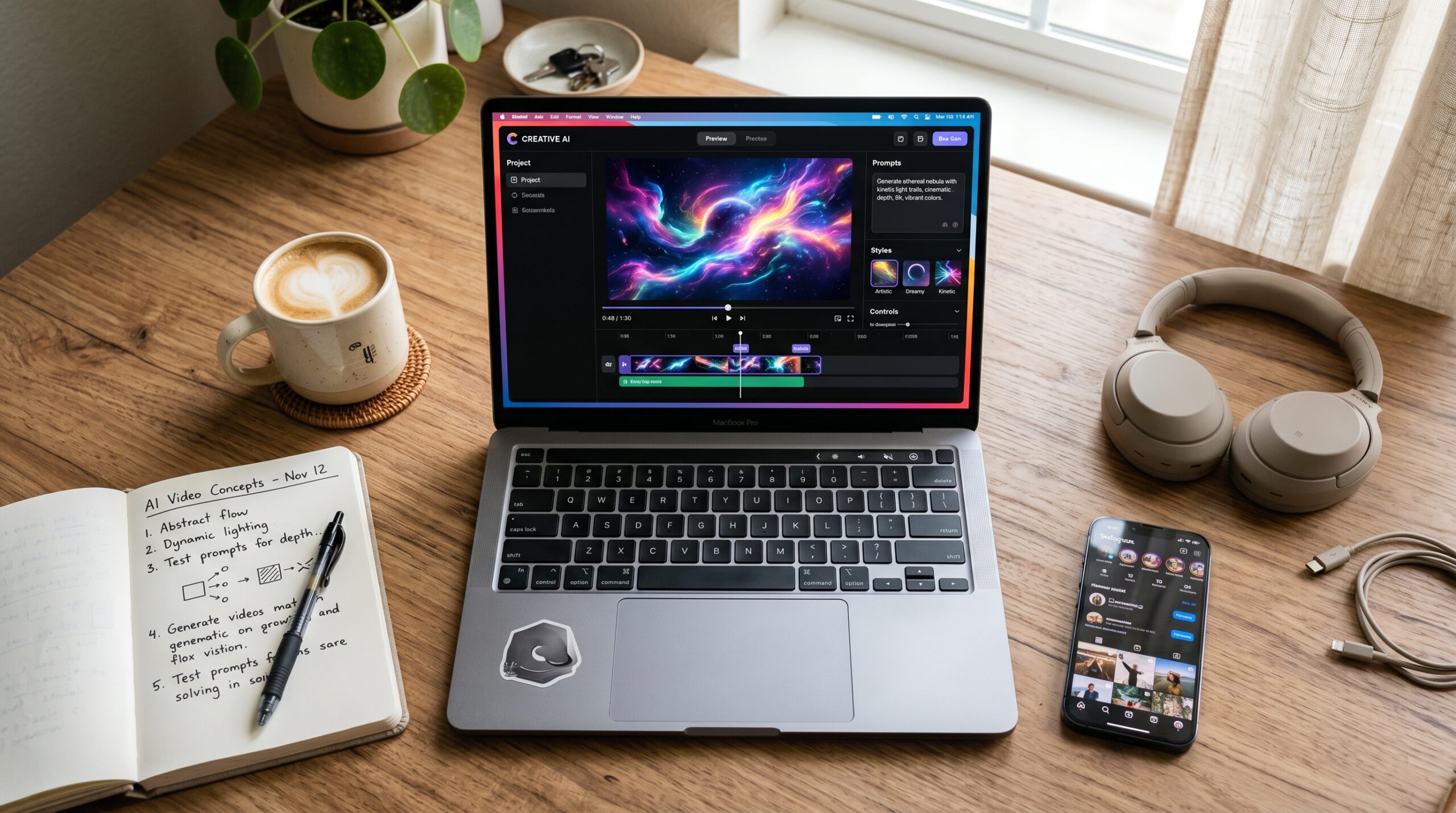 Modern workspace setup for testing best free AI video generators 2026 with laptop and notebook.
